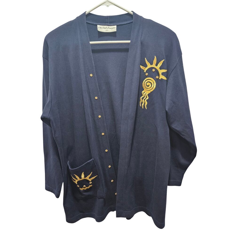 Old Dell Designs USA Embroidered Sun Moon Cardigan Sweater Navy Small Celestial